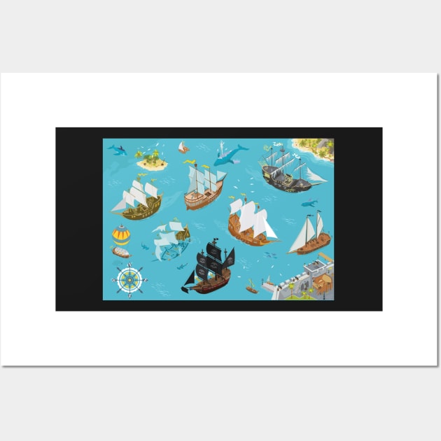 Pirat Bay and sail ships fantasy illustrations Wall Art by qpiii